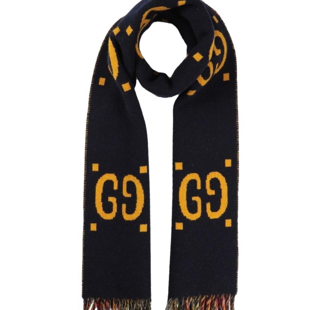 NWT Gucci wool logo scarf in navy and mustard